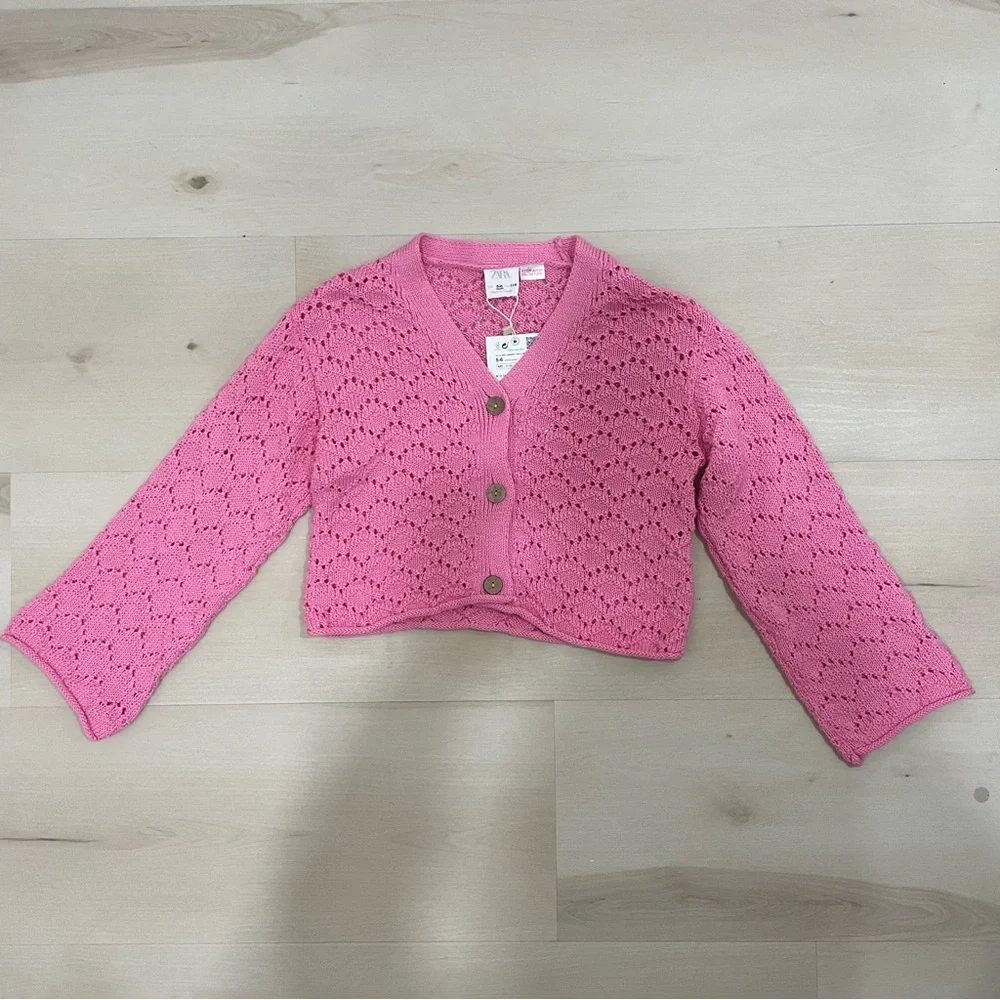 NWT Zara Girl's 5-6 Open Knit Cardigan Sweater Pink Button Down V Neck - Picture 2 of 11